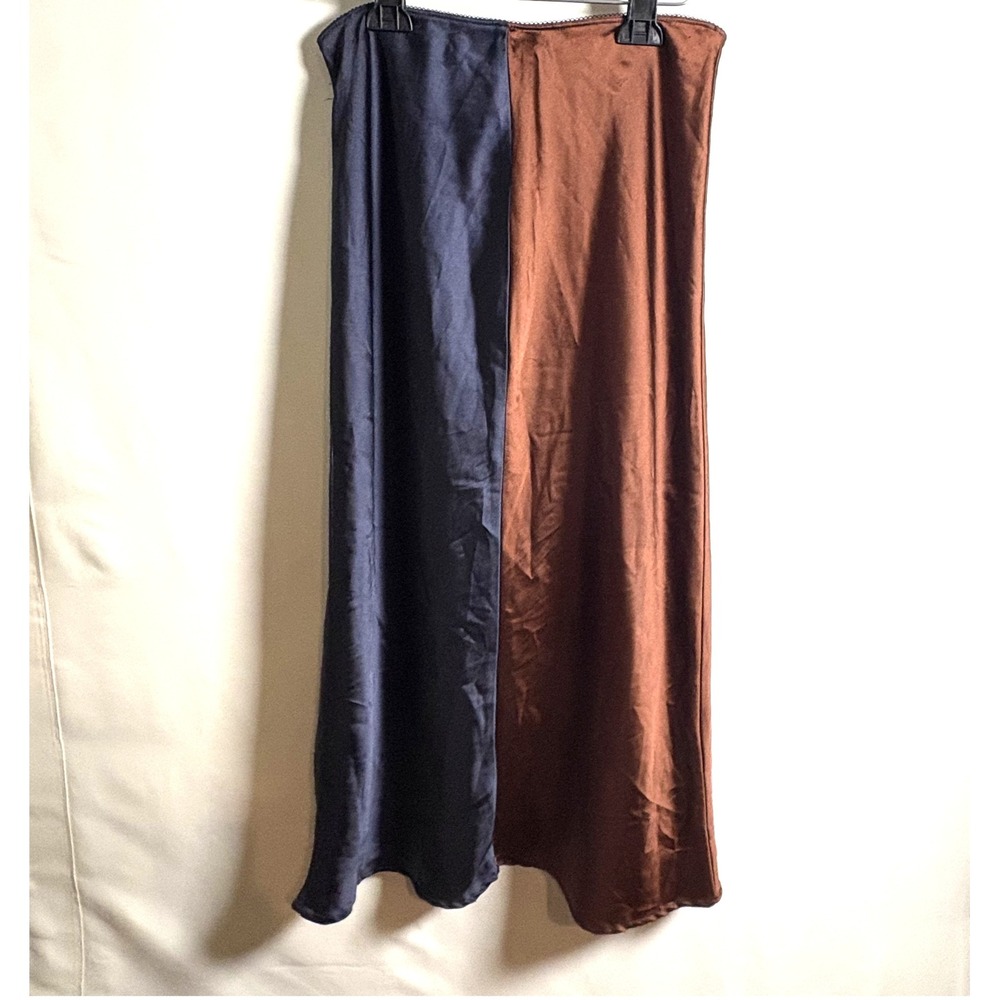Colorblock Satin Midi Skirt Navy Blue Copper Brown Y2K US 8 Topshop 27A29QNAV